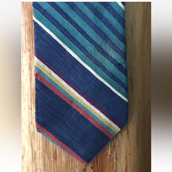 Brooks Brothers SPRING SUMMER Silk Neck TIE Yellow Coral Aqua  Striped, 59” Long - Picture 6 of 8